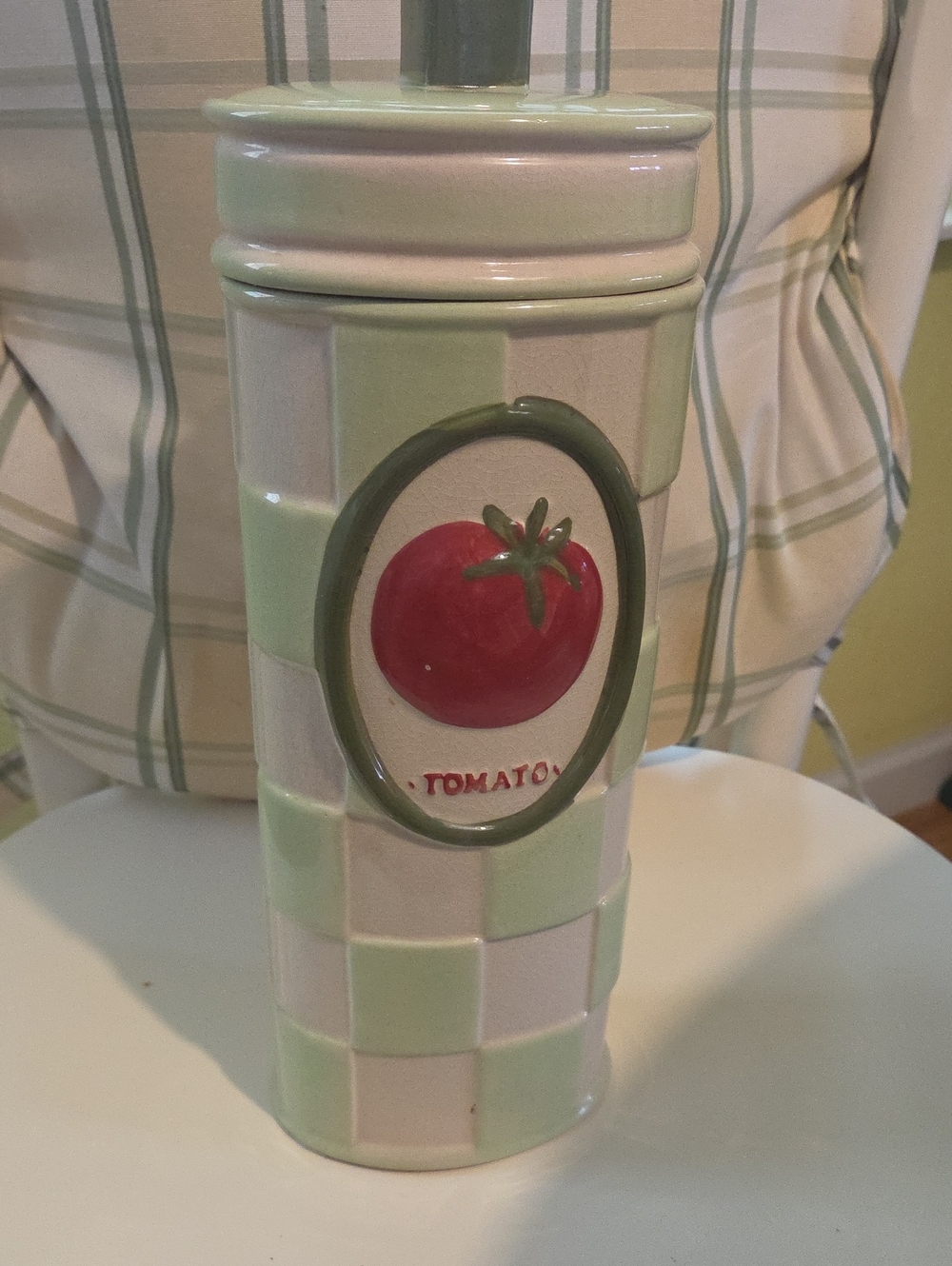 Vintage Green and White Ceramic Pasta Canister